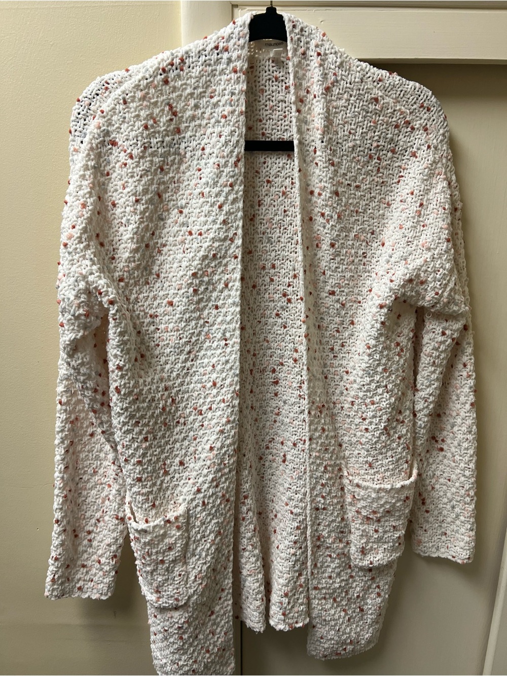 Maurices Ivory Open-Front Cardigan with Coral Speckle